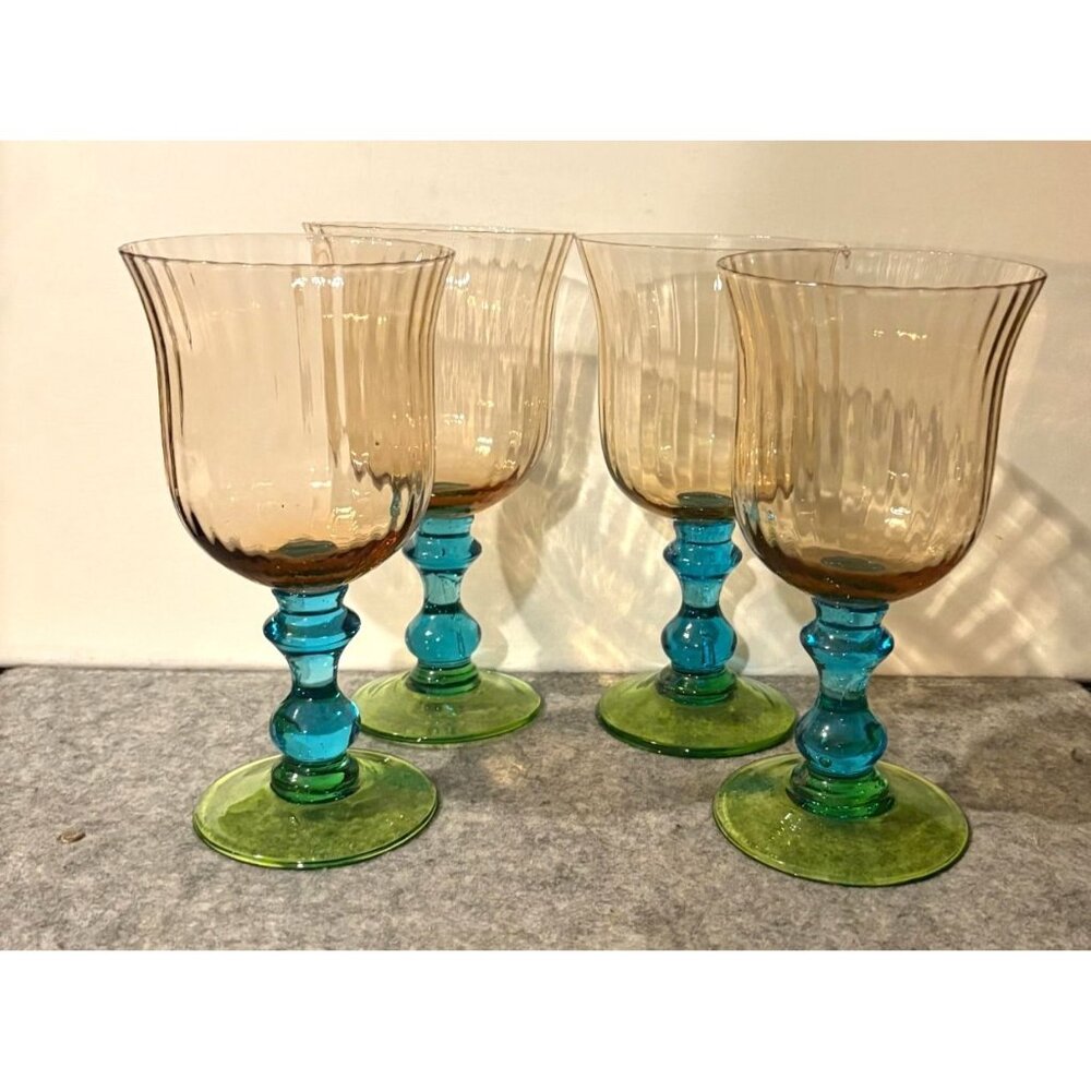 Set of 4 Handblown Tri-Colored Water/Iced Tea Goblets Anthropologie Fluted  # 30